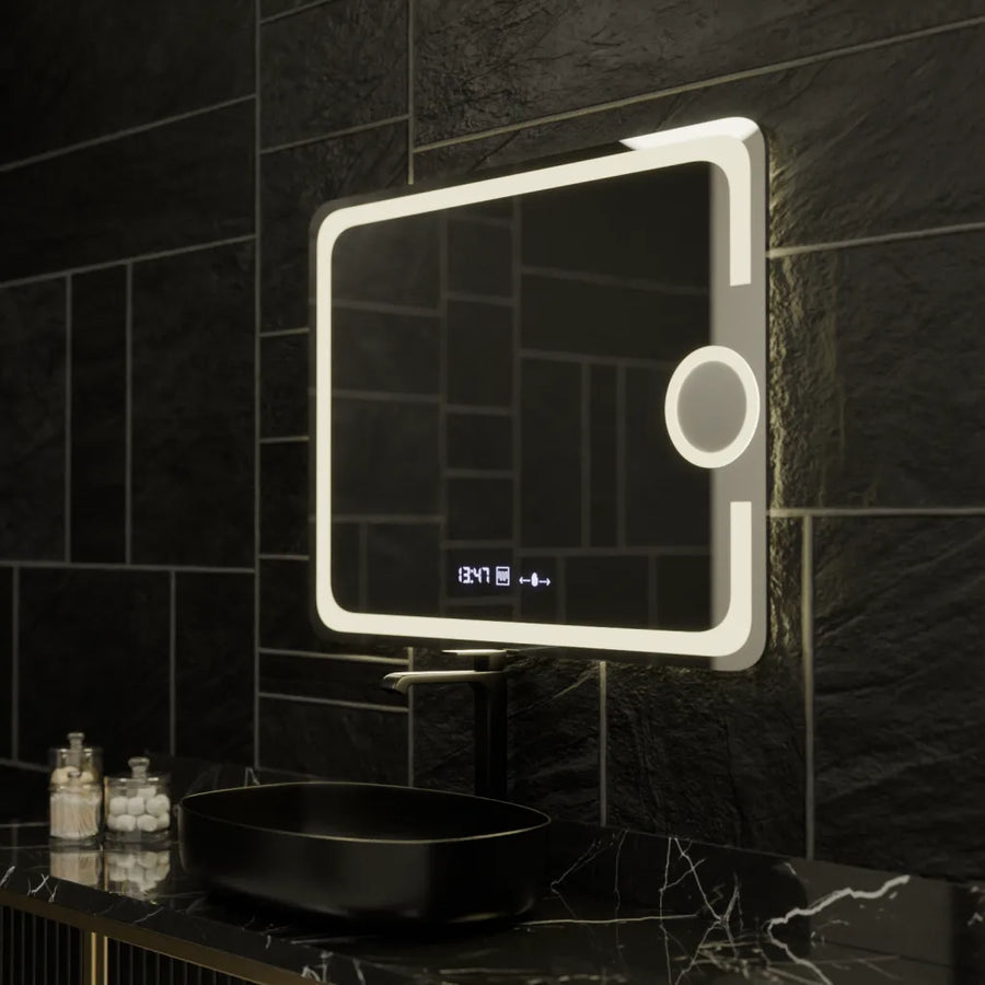 Rectangular LED mirror, 80x60cm, Eclat MotionGlow Marcello, Demister System, Clock & Thermometer, Cosmetic Magnifier, Dimmable