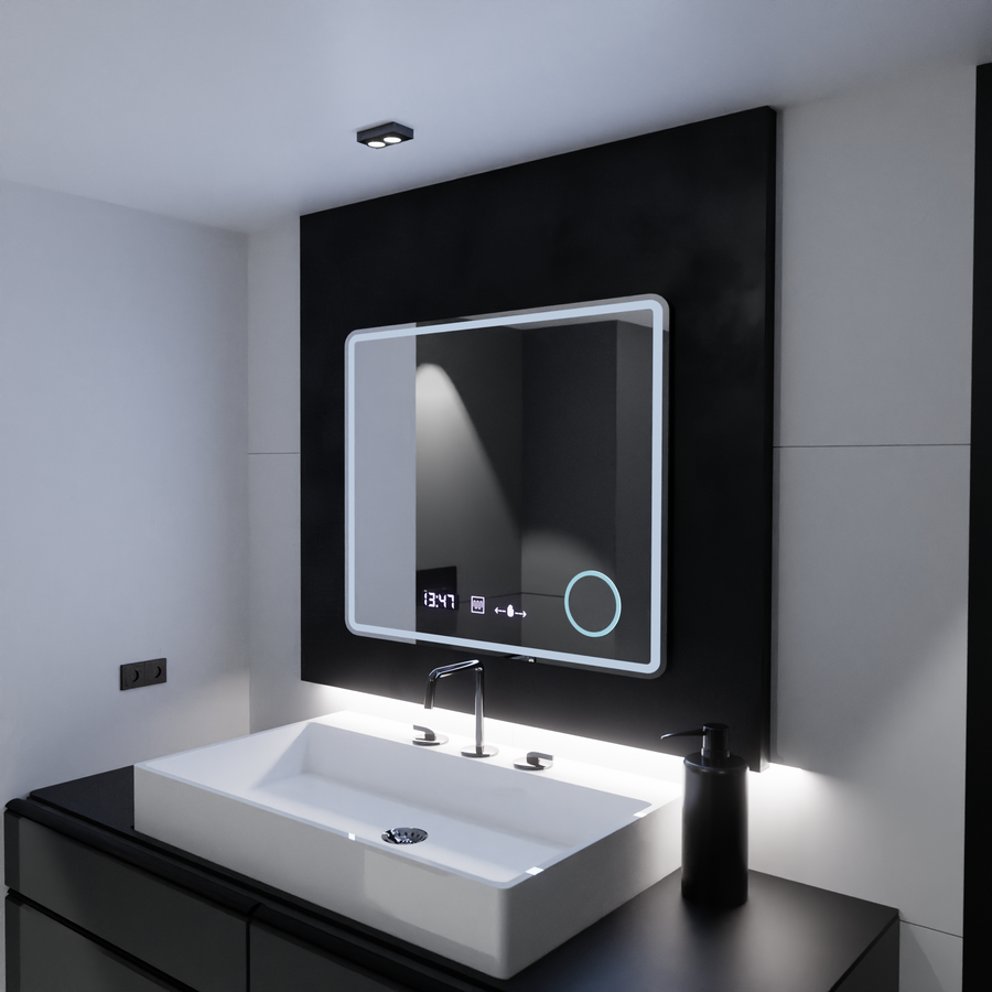 Rectangular LED Mirror, 90x75cm, Riflesso MotionGlow Marcello, Demister System, Clock & Thermometer, Cosmetic Magnifier, Dimable