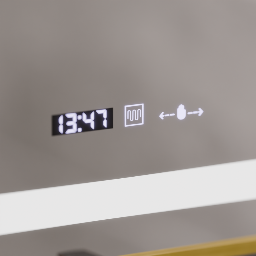 Rectangular LED mirror, 60x80cm, Eclat MotionGlow Marcello, Demister System, Clock & Thermometer, Cosmetic Magnifier, Dimable, Brushed Gold Frame
