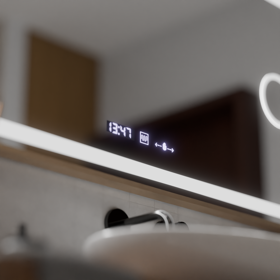 Isabell MotionGlow Sensor LED Mirror with Defog Function Thermometer Clock 120x80 cm Dimmable Warm/Cool/Neutral Light, Rose Gold Brushed Frame, Marcello Funghi Collection