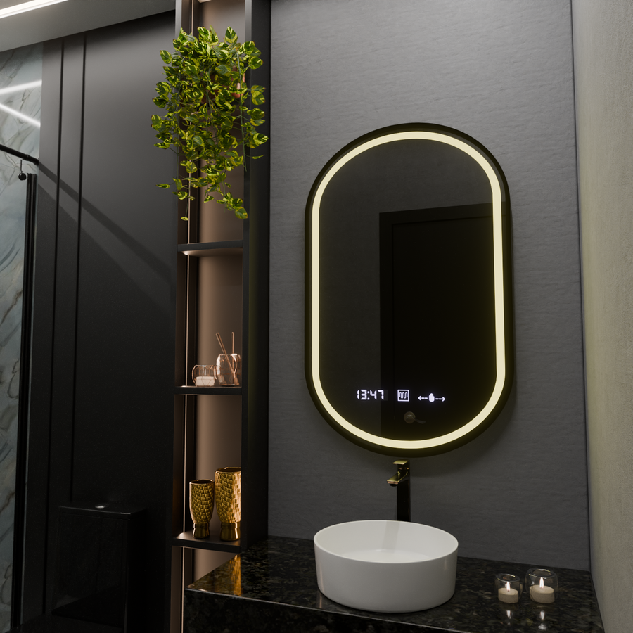 Oval LED mirror, 50x80cm, Alessia MotionGlow Marcello, Demister System, Clock & Thermometer, Dimmable