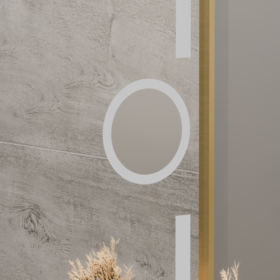 Rectangular LED mirror, 60x80cm, Eclat MotionGlow Marcello, Demister System, Clock & Thermometer, Cosmetic Magnifier, Dimable, Brushed Gold Frame