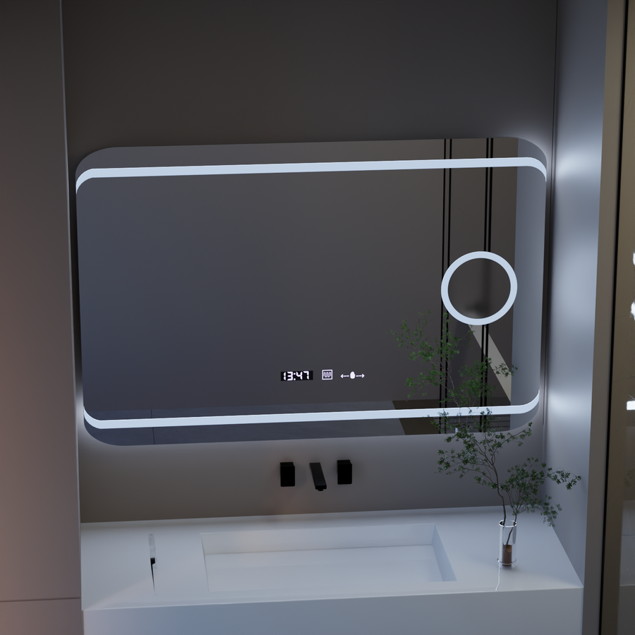 Rectangular LED mirror, 120x80cm, Definition MotionGlow Marcello, Demisting System, Clock & Thermometer, Cosmetic Magnifier, Dimable