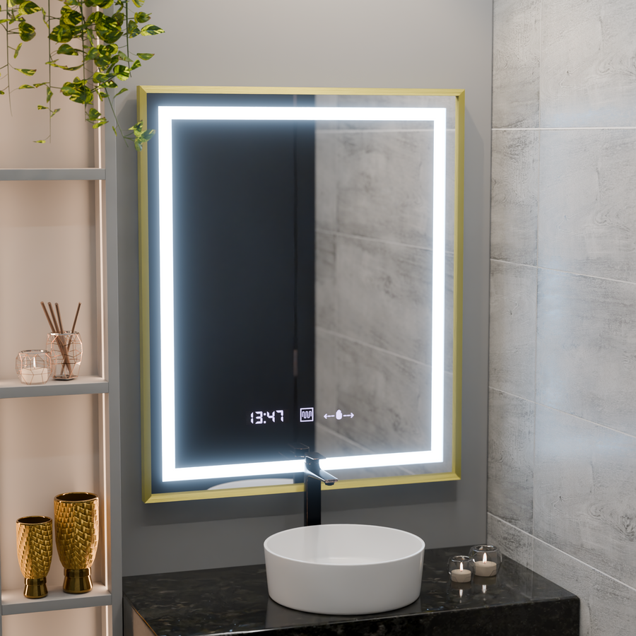 Rectangular LED mirror, 75x90cm, Verite Royale Gold MotionGlow Marcello, Demister System, Clock & Thermometer, Dimmable
