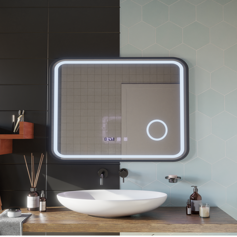 Bernd Touch LED Mirror Defog System, Clock and Temperature 80x60 cm Brushed Black Frame Cosmetic Magnifier