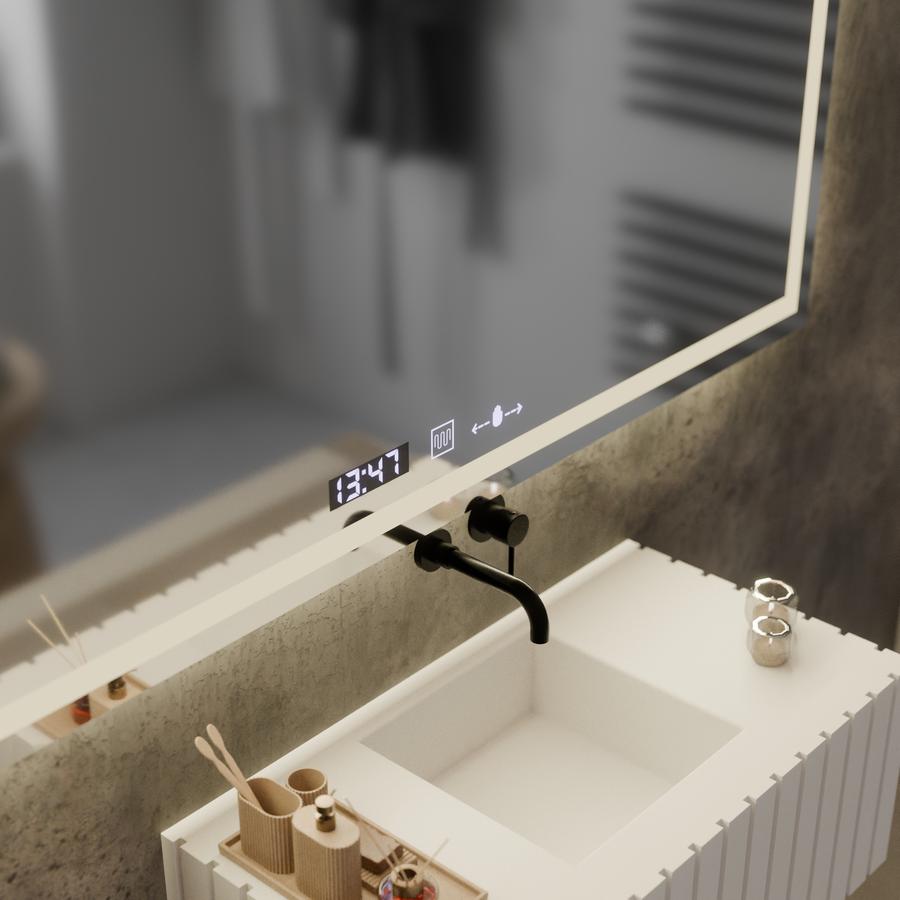 Rectangular LED mirror, 120x60cm, Verite MotionGlow Marcello, Demister System, Clock & Thermometer, Dimmable