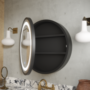 Oglinda LED cu Dulap, Rotunda, 50x50cm, Dezaburire, Lumina Rece/Calda/Neutra, Rama Neagra, Spatiu de Depozitare