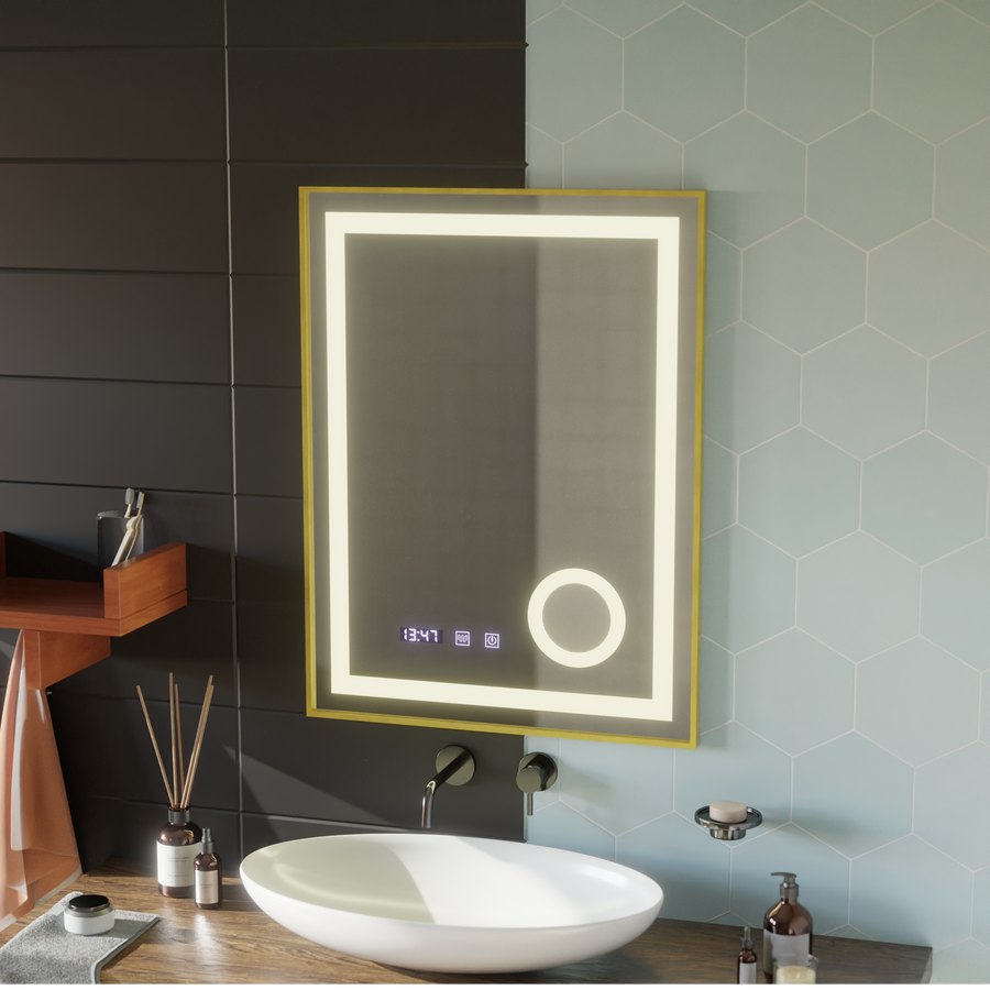 CLARUS LED Touch Mirror De-fogging System, Clock and Temperature 60x80 cm Golden Frame Brushed Cosmetic Magnifier