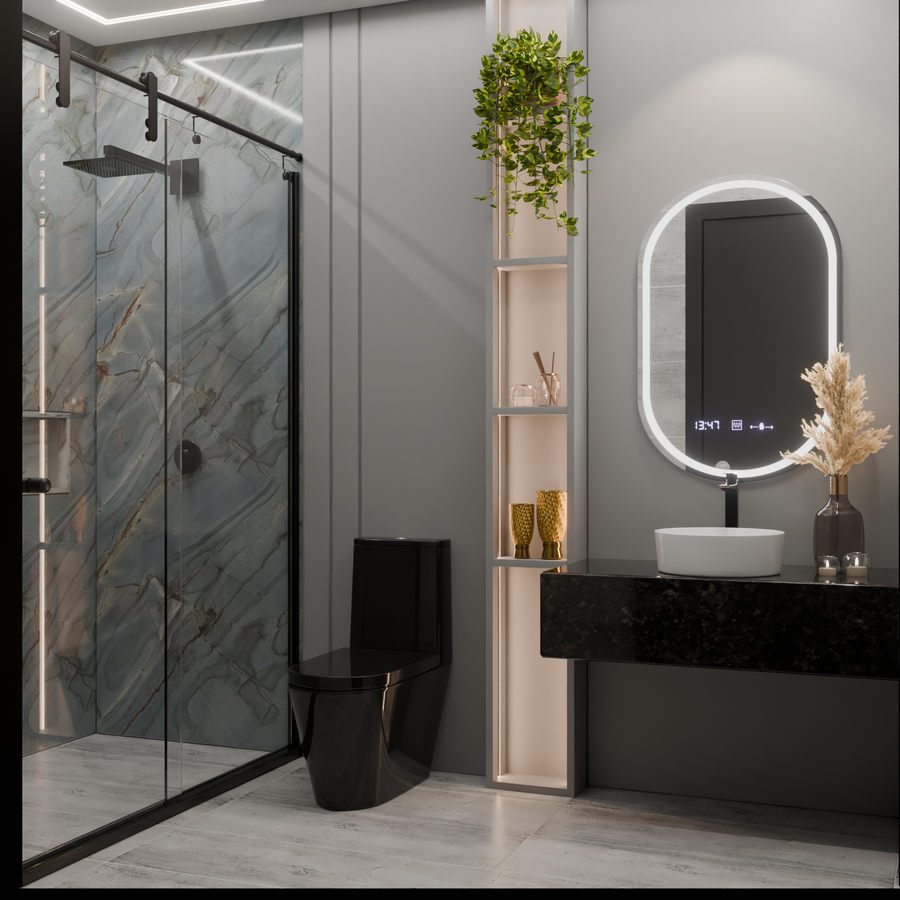 Oval LED mirror, 50x80cm, Eminence MotionGlow Marcello, Demister System, Clock & Thermometer, Dimmable