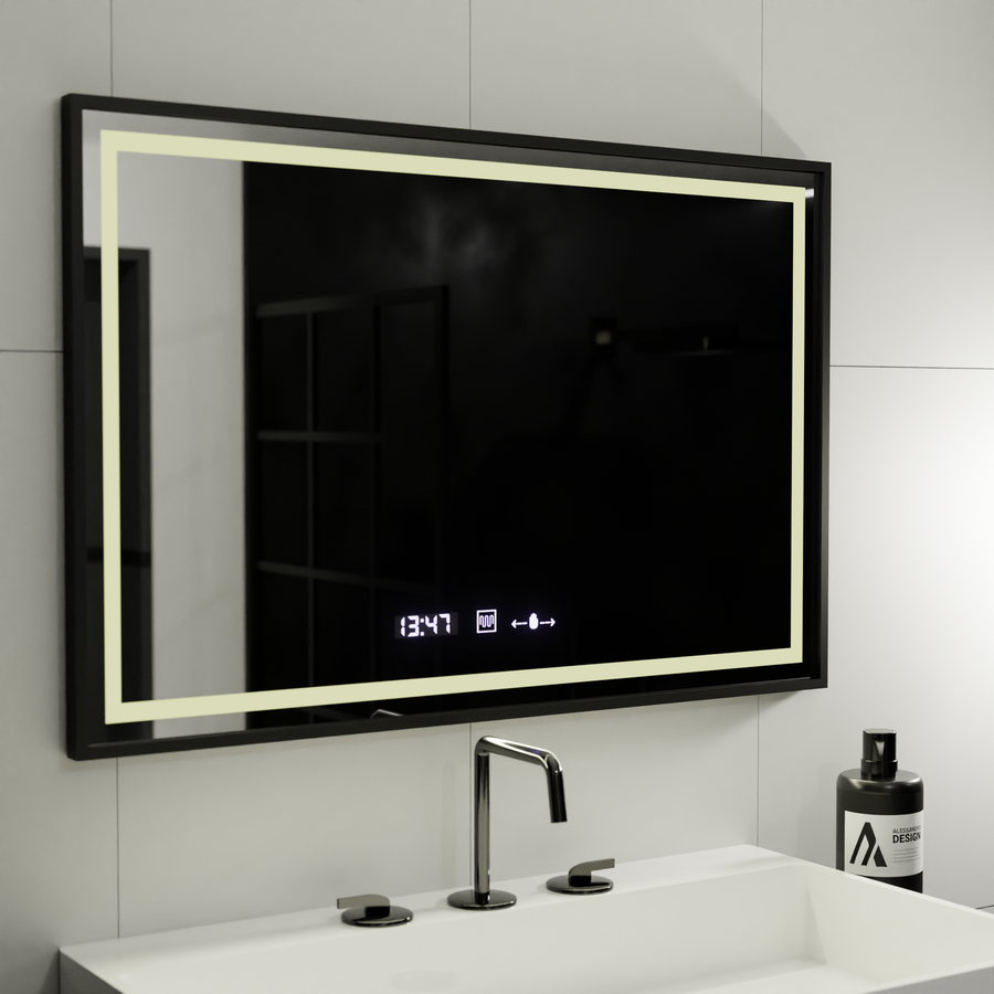Rectangular LED mirror, 100x80cm, Verite Majeste Noir MotionGlow Marcello, Demister System, Clock & Thermometer, Dimmable