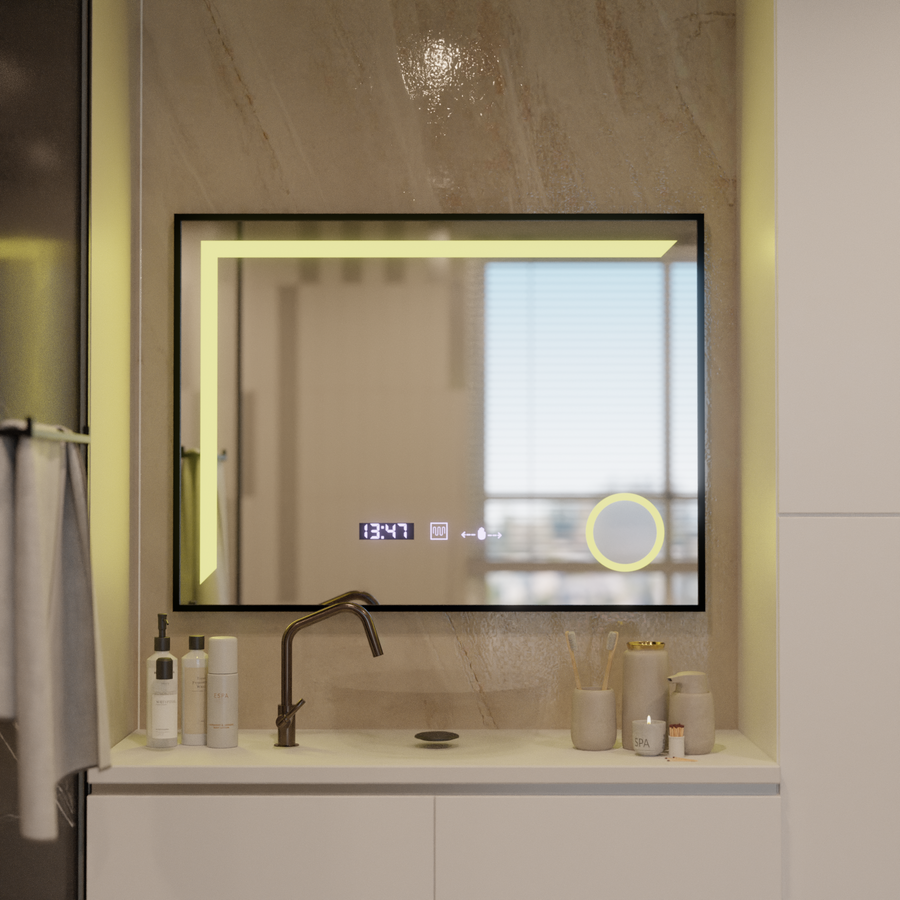 LED Mirror Francesca MotionGlow Sensor 80x60 cm Warm/Cold/Neutral Light Dimmable Frame Black Brushed Demisting System Thermometer Clock Marcello Funghi Collection