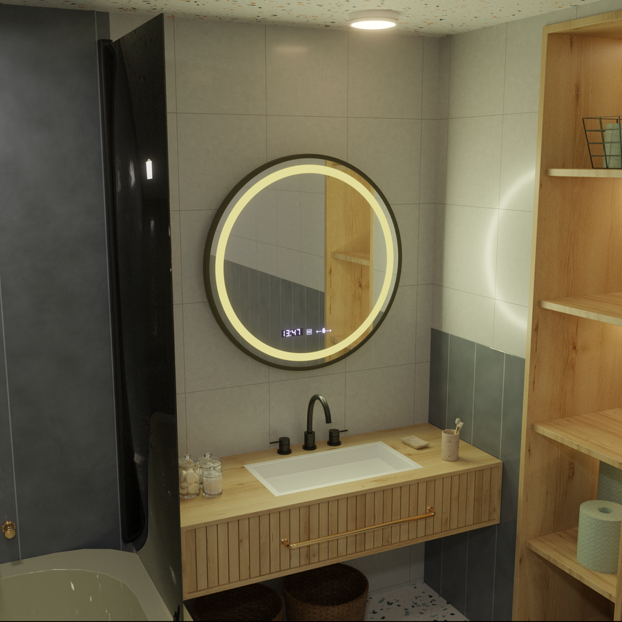LED Round Mirror, 80cm, Celeste Majesté Noir MotionGlow Marcello, Demister System, Clock & Thermometer, Dimmable