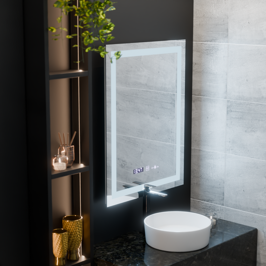 Rectangular LED mirror, 75x90cm, Verite MotionGlow Marcello, Demister System, Clock & Thermometer, Dimmable