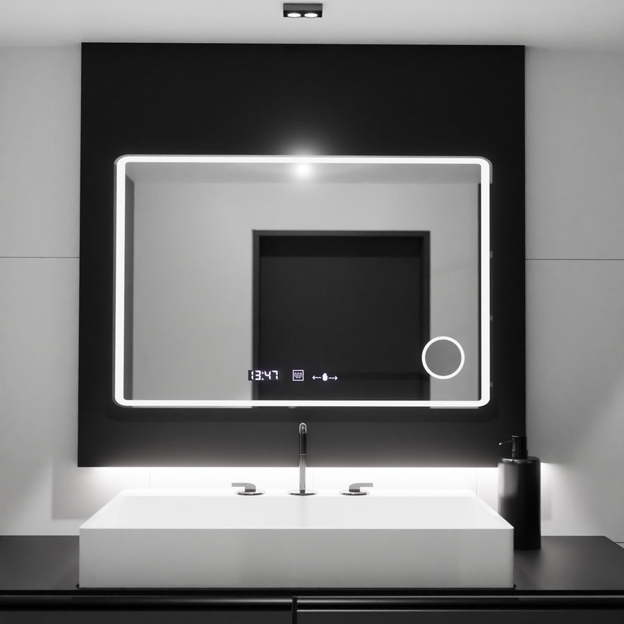 Rectangular LED mirror 120x80 Aura Riflesso Puro MotionGlow Marcello, Demister System, Thermometer and Clock, Dimmable