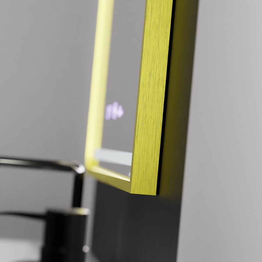 Rectangular LED mirror, 50x70cm, Verite Royale Gold Motion Glow Marcello, Demister System, Clock & Thermometer, Dimmable