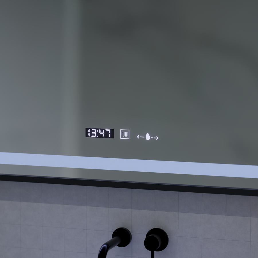 Domingo MotionGlow Sensor LED Mirror with Defog Function Thermometer Clock 120x65 cm Dimmable Cold/Warm/Neutral Light, Brushed Black Frame, Marcello Funghi collection