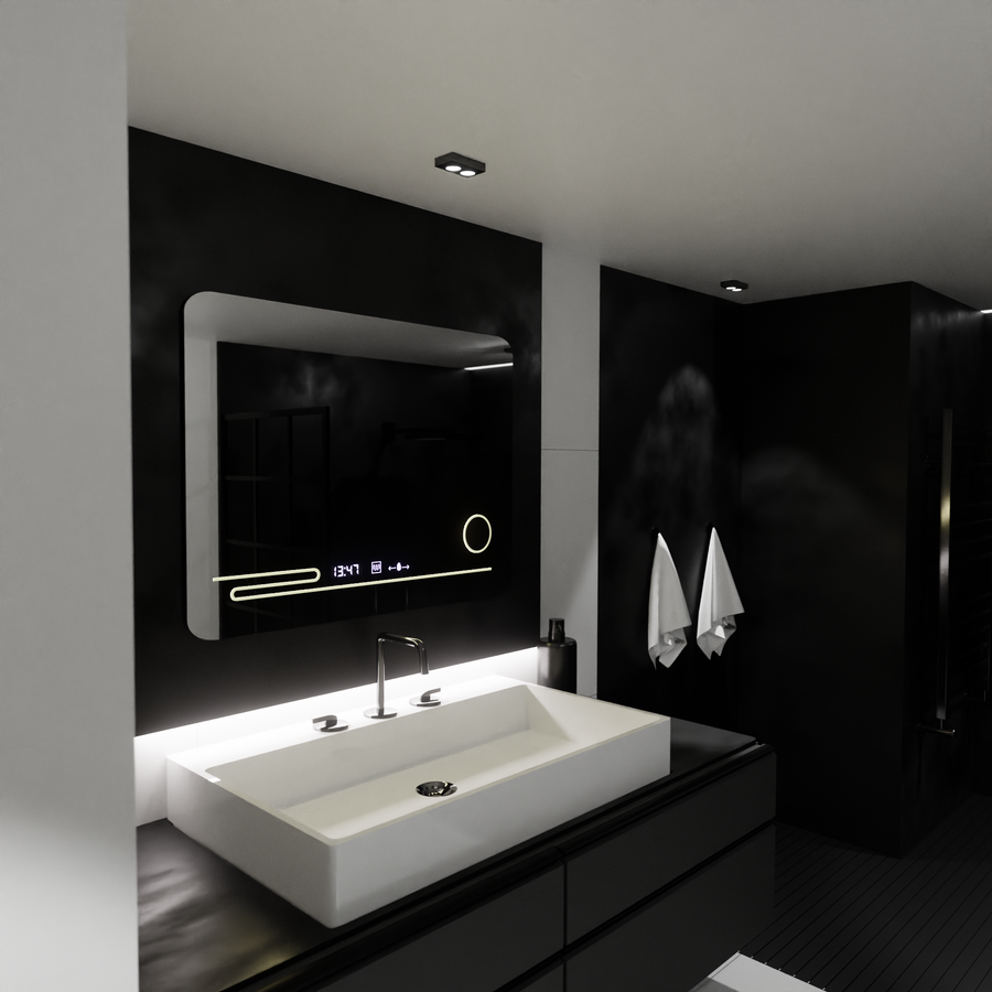 The rectangular LED mirror 80x60cm Fortaleza MotionGlow Marcello Defrosting System Thermometer and Cosmetic Wolf Clock