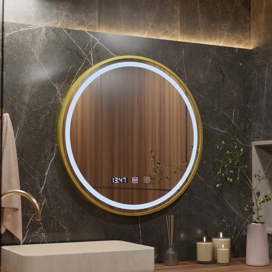 LUSSO LED Touch Mirror, De-fogging System, Clock and Temperature, 70 cm, Brushed Gold frame