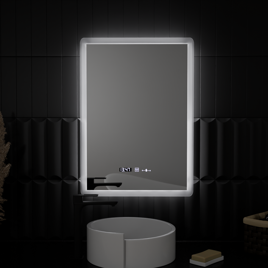 Rectangular LED mirror, 50x70cm, Zampa MotionGlow Marcello sensor, De-fogging system, Clock & Thermometer, Dimmable