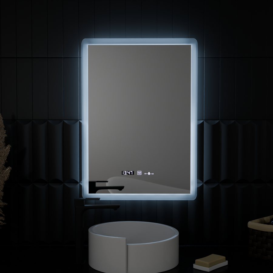 Rectangular LED mirror, 50x70cm, Zampa MotionGlow Marcello sensor, De-fogging system, Clock & Thermometer, Dimmable