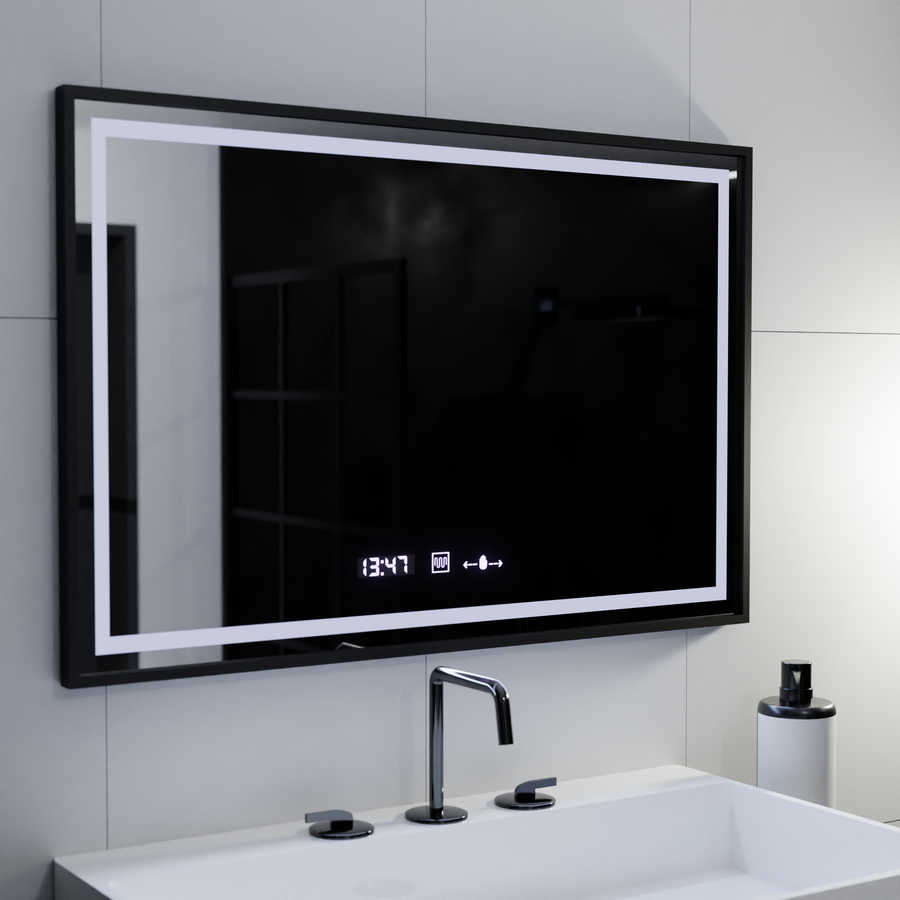 Rectangular LED mirror, 100x80cm, Verite Majeste Noir MotionGlow Marcello, Demister System, Clock & Thermometer, Dimmable