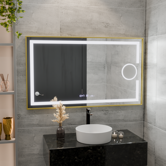 Rectangular LED Mirror, 120x80cm, Eclat MotionGlow Marcello, Defog System, Clock & Thermometer, Cosmetic Magnifier, Dimable, Brushed Gold Frame Marcello Mirrors Default Title Alessandro Design
