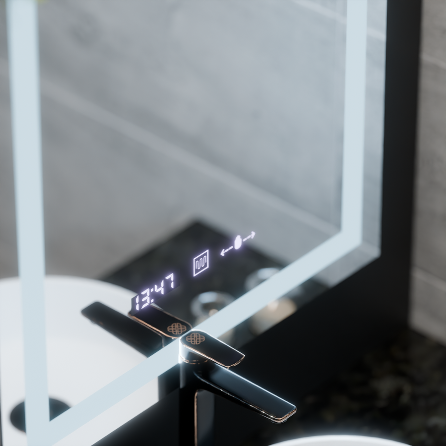 Rectangular LED mirror, 60x80cm, Verite MotionGlow Marcello, Demister System, Clock & Thermometer, Dimmable