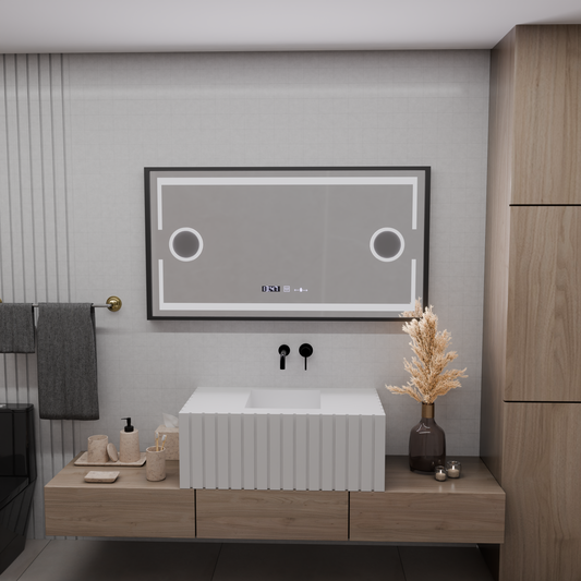 Domingo MotionGlow Sensor LED Mirror with Defog Function Thermometer Clock 120x65 cm Dimmable Cold/Warm/Neutral Light, Brushed Black Frame, Marcello Funghi collection