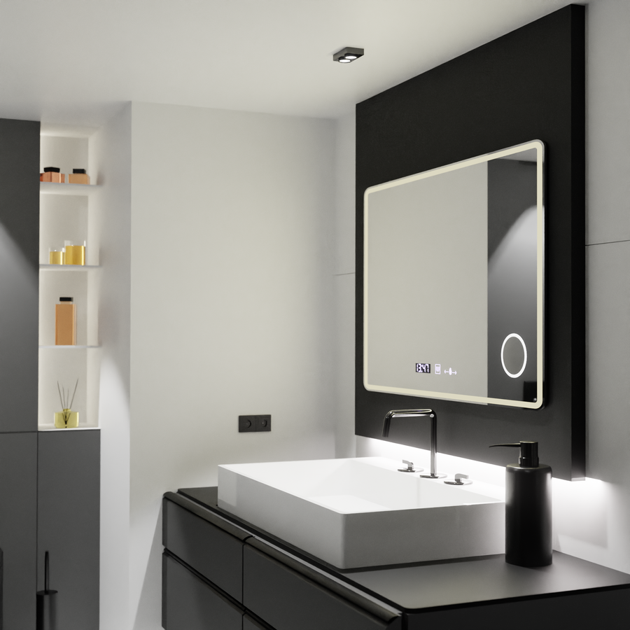 Rectangular LED mirror 120x80 Aura Riflesso Puro MotionGlow Marcello, Demister System, Thermometer and Clock, Dimmable