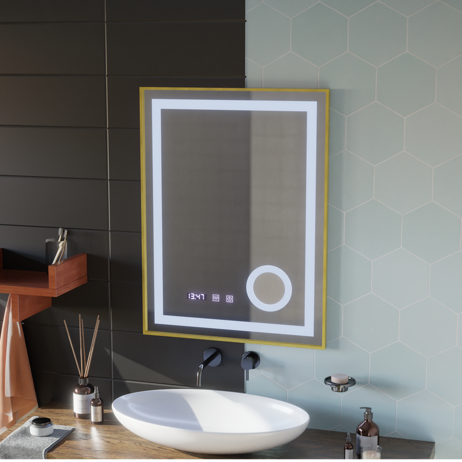 CLARUS LED Touch Mirror De-fogging System, Clock and Temperature 60x80 cm Golden Frame Brushed Cosmetic Magnifier