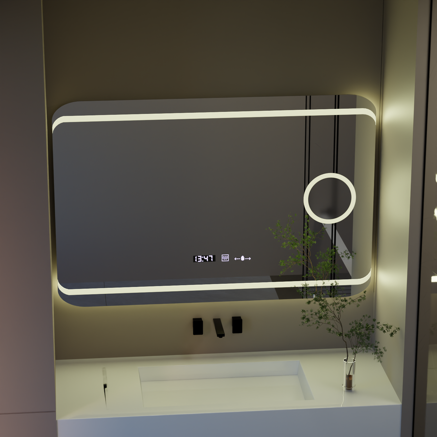 Rectangular LED mirror, 120x80cm, Definition MotionGlow Marcello, Demisting System, Clock & Thermometer, Cosmetic Magnifier, Dimable