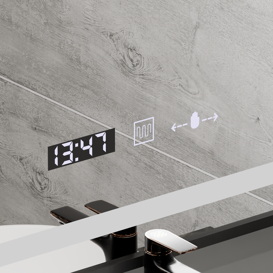 Rectangular LED mirror, 60x80cm, Verite Majeste Noir Motion Glow Marcello, Demister System, Clock & Thermometer, Dimmable