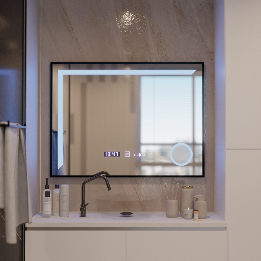 LED Mirror Francesca MotionGlow Sensor 80x60 cm Warm/Cold/Neutral Light Dimmable Frame Black Brushed Demisting System Thermometer Clock Marcello Funghi Collection