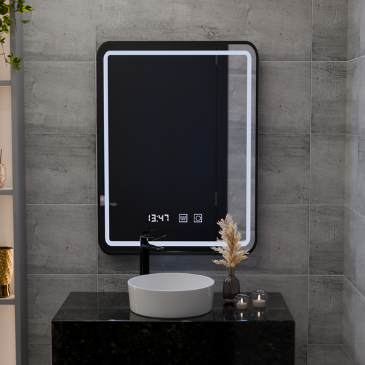 Mirror LED Touch LUCIDA Defogging System, Clock and Temperature 50x70 cm Brushed Black Frame
