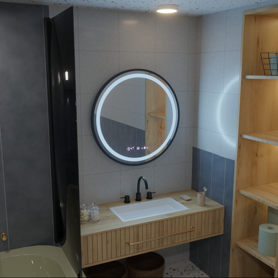LED Round Mirror, 80cm, Celeste Majesté Noir MotionGlow Marcello, Demister System, Clock & Thermometer, Dimmable