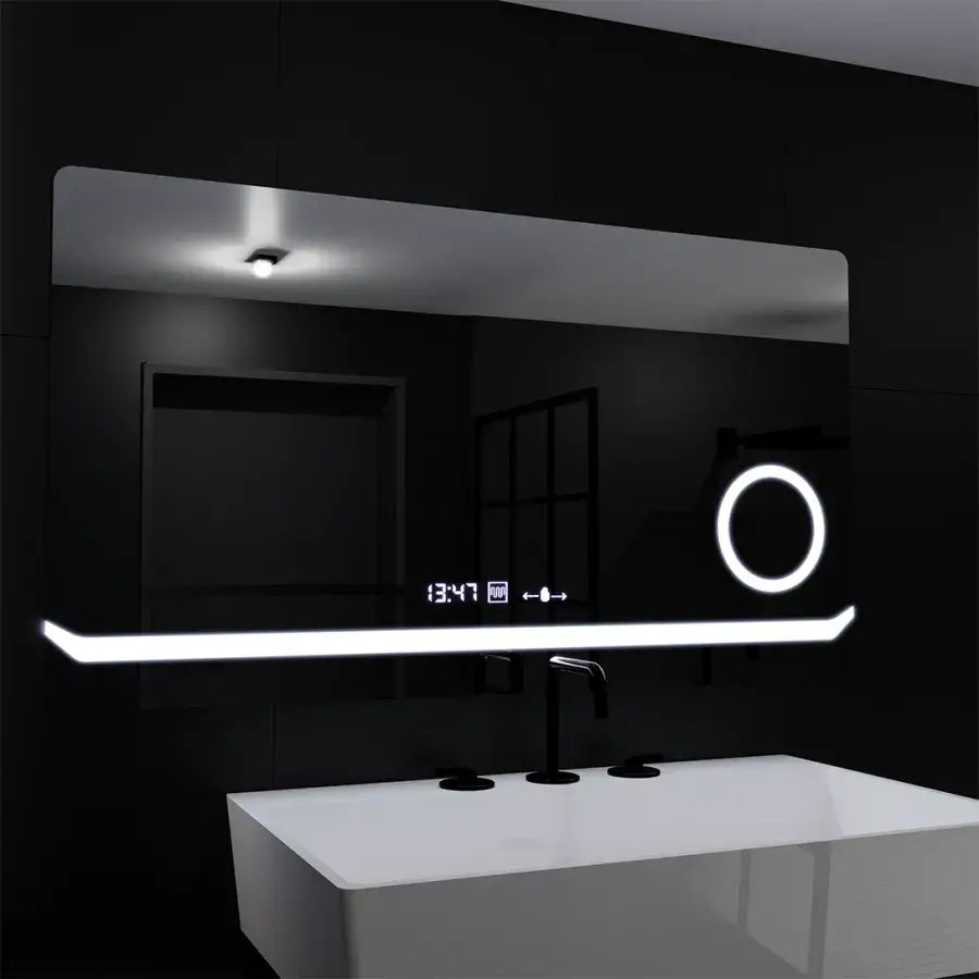 Rectangular LED mirror, 80x60cm, Definition MotionGlow Marcello, Demister System, Clock & Thermometer, Cosmetic Magnifier, Dimmable