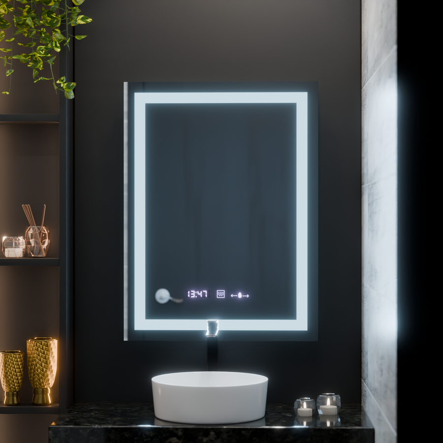 Rectangular LED mirror, 60x80cm, Verite MotionGlow Marcello, Demister System, Clock & Thermometer, Dimmable