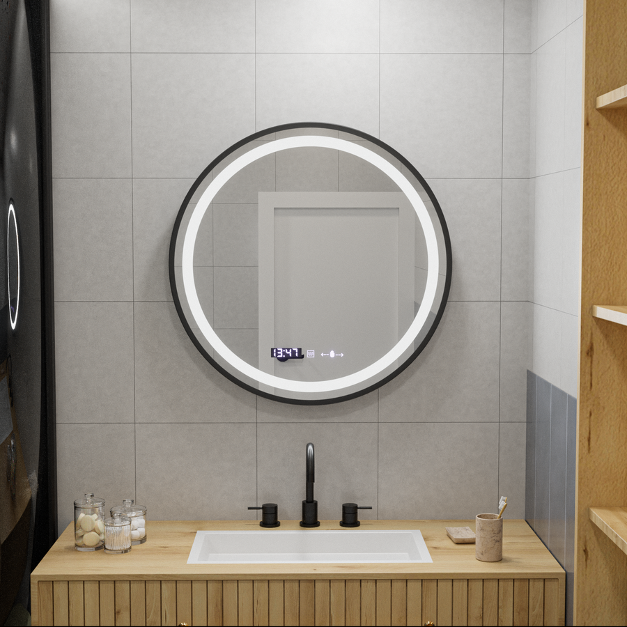 LED Round Mirror, 70cm, Celeste Majeste Noir MotionGlow Marcello, Demister System, Clock & Thermometer, Dimmable