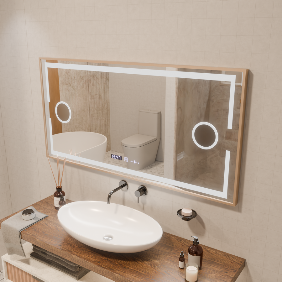 Isabell MotionGlow Sensor LED Mirror with Defog Function Thermometer Clock 120x80 cm Dimmable Warm/Cool/Neutral Light, Rose Gold Brushed Frame, Marcello Funghi Collection