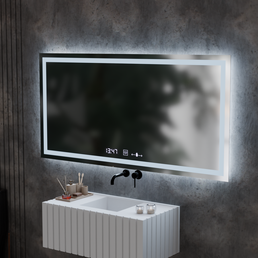 Rectangular LED mirror, 120x60cm, Verite MotionGlow Marcello, Demister System, Clock & Thermometer, Dimmable