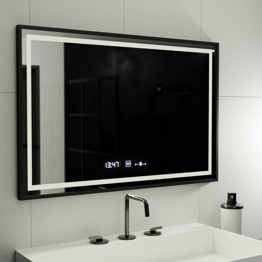 Rectangular LED mirror, 100x80cm, Verite Majeste Noir MotionGlow Marcello, Demister System, Clock & Thermometer, Dimmable