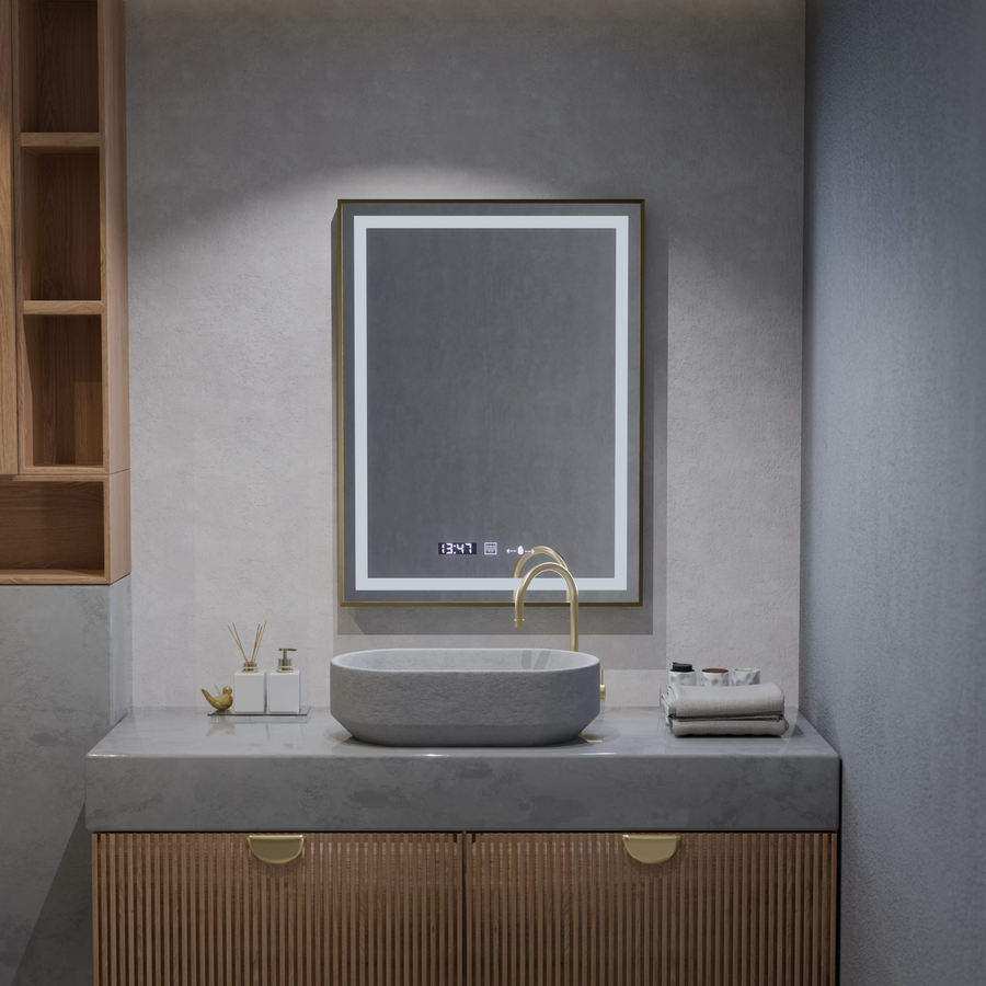 Rectangular LED mirror, 60x80cm, Verite Royale Gold MotionGlow Marcello, Demister System, Clock & Thermometer, Dimmable