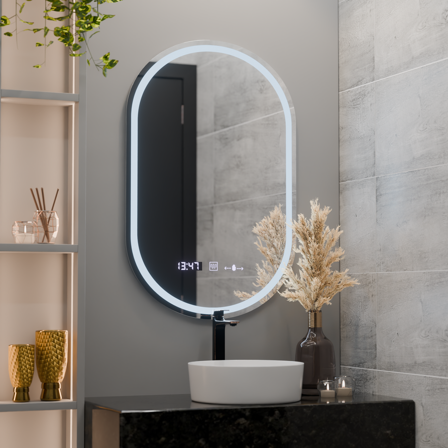 Oval LED mirror, 50x80cm, Eminence MotionGlow Marcello, Demister System, Clock & Thermometer, Dimmable