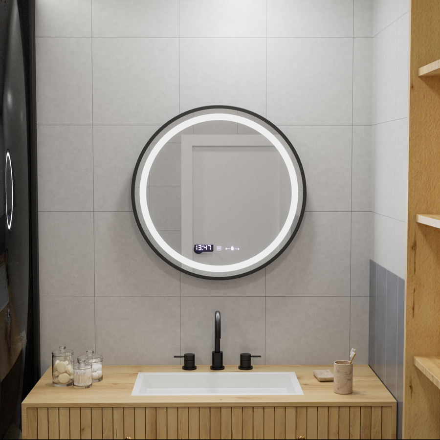 LED Round Mirror, 60cm, Celeste Majesté Noir MotionGlow Marcello, Demister System, Clock & Thermometer, Dimmable