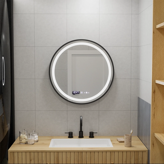 LED Round Mirror, 60cm, Celeste Majesté Noir MotionGlow Marcello, Demister System, Clock & Thermometer, Dimmable