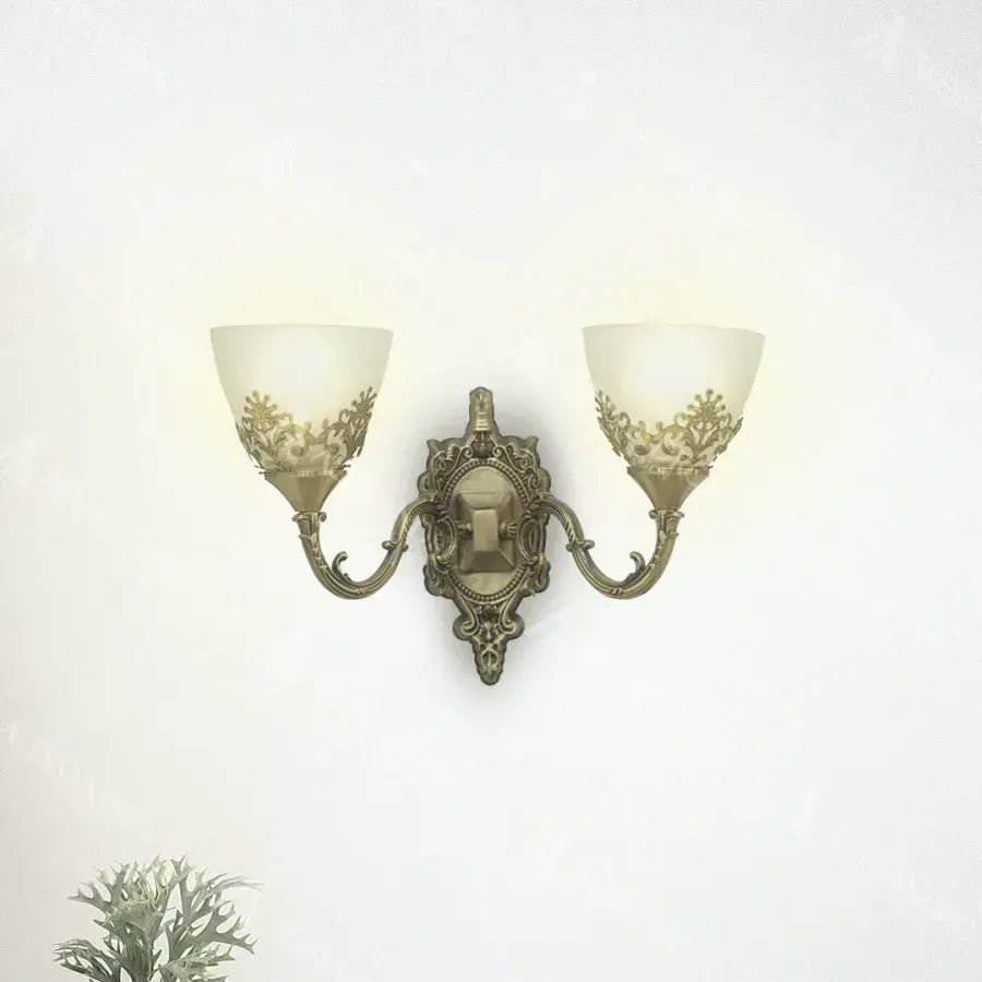 Rustic COTTAGE Wall Lamp, 2*E27, Bronze with White, Metal and Glass