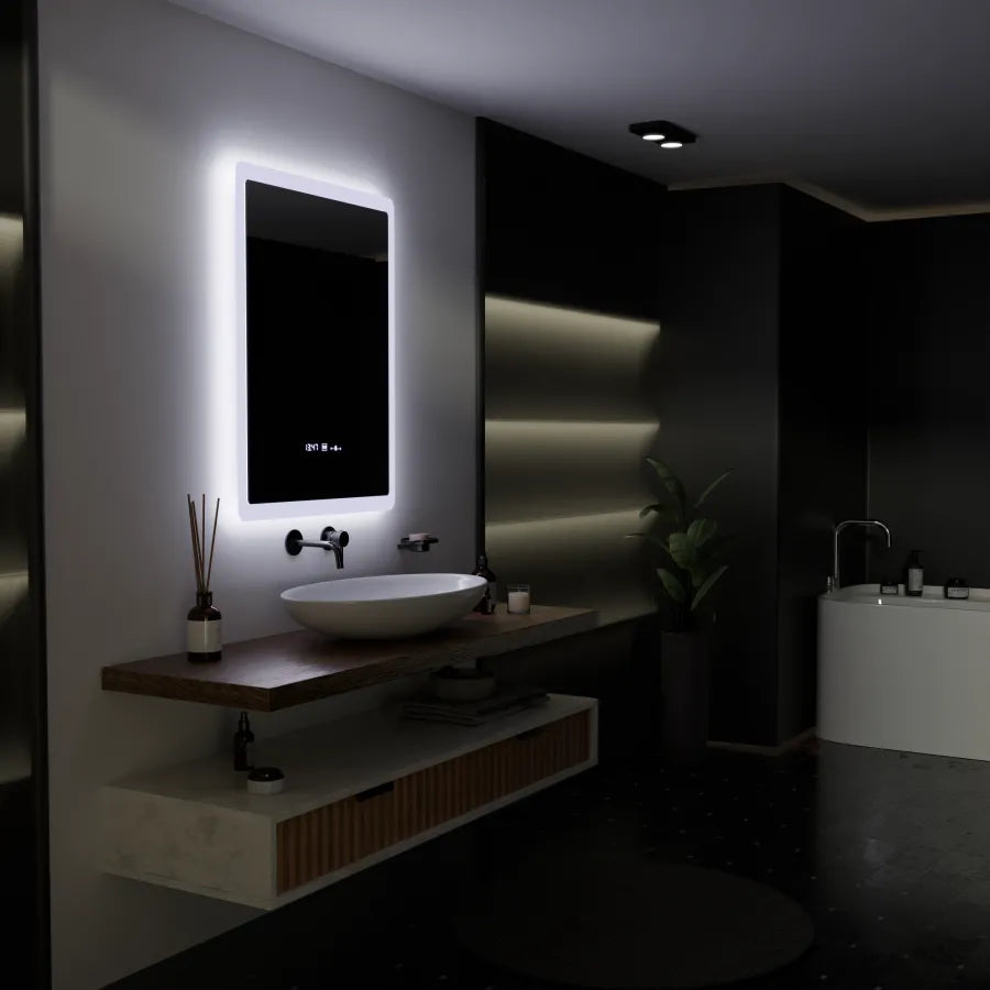 Rectangular LED mirror, 60x80cm, Pugliesi MotionGlow Marcello sensor, De-fogging system, Clock & Thermometer, Dimable