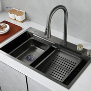 Stainless Steel Kitchen Sink Set with Double Faucet, Vegetable/Fruit Perforation Bowl, Universal Bowl with Drain Plug, Chopper, Graphite Black, 75x45X21cm