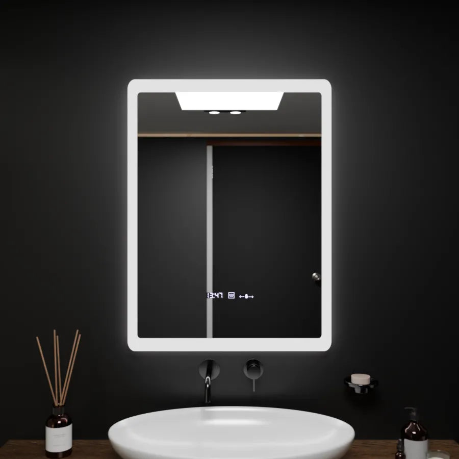 Rectangular LED mirror, 60x80cm, Pugliesi MotionGlow Marcello sensor, De-fogging system, Clock & Thermometer, Dimable