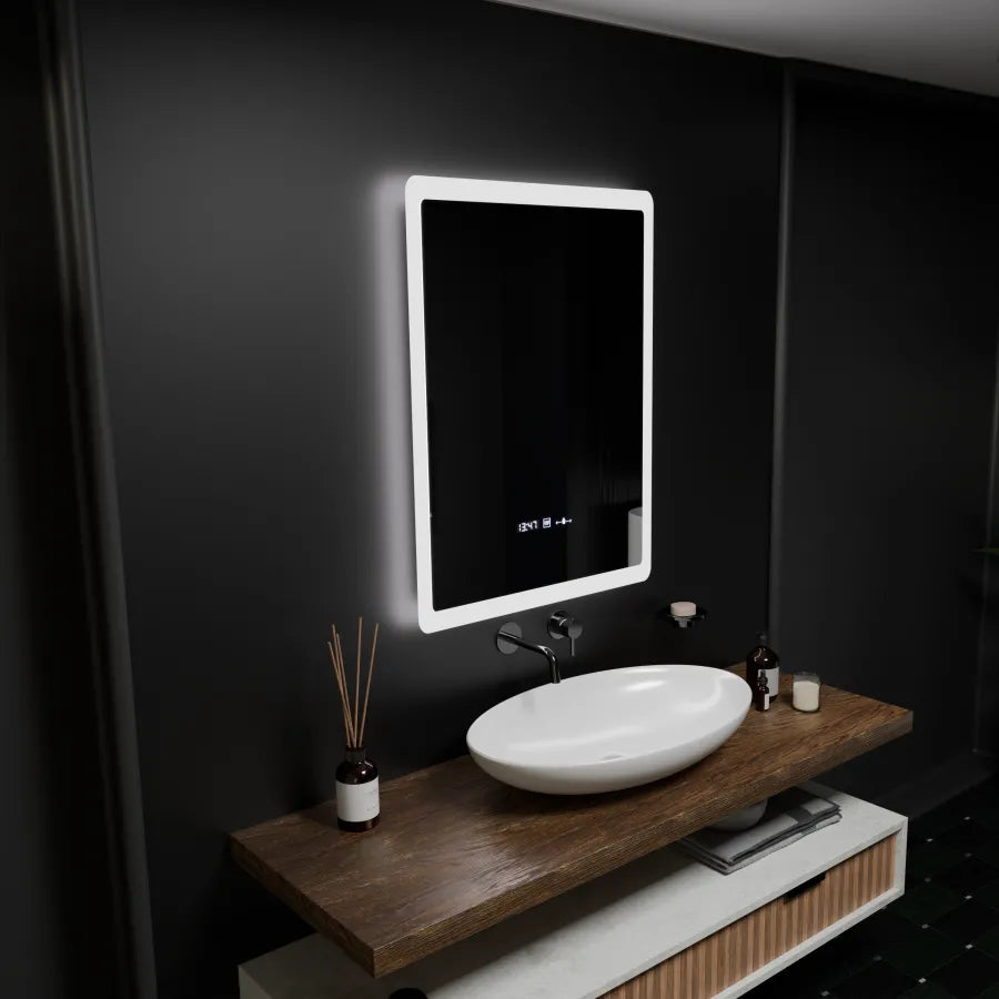 Rectangular LED mirror, 60x80cm, Pugliesi MotionGlow Marcello sensor, De-fogging system, Clock & Thermometer, Dimable